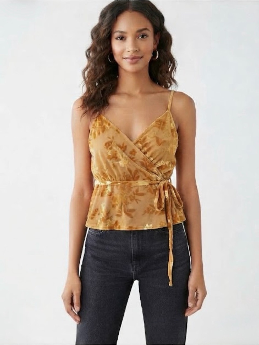 Velvet Floral Spaghetti Strap Cami Wrap Top in Golden Yellow